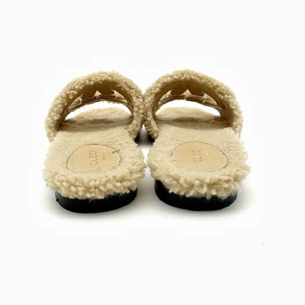 GUCCI Wool Shearling Fur GG Sandal Mule 37.5 Interlocking GG Logo Slip On Slide - Picture 6 of 11